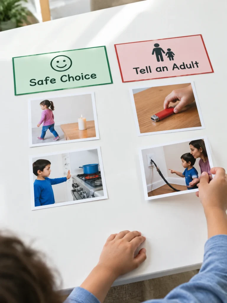 Preschool fire safety sorting game with safe-choice and tell-an-adult signs and illustrated situation cards.