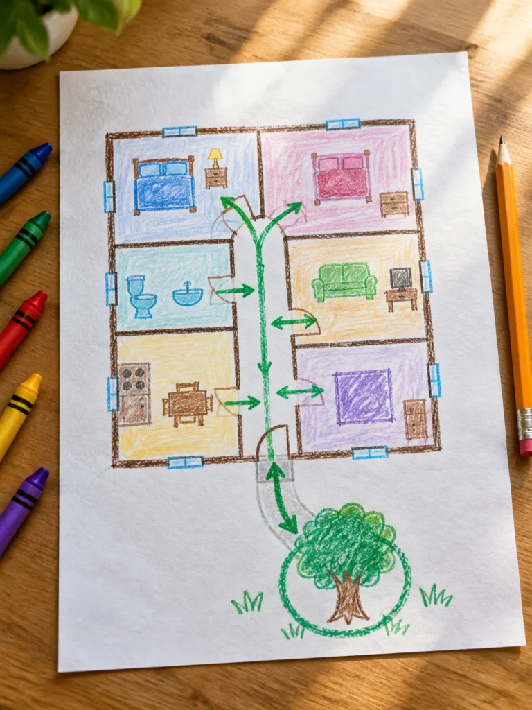 Child's home fire escape plan drawing with rooms, marked exits, and an outdoor meeting place.