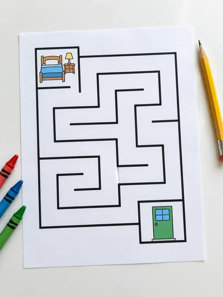 Preschool fire escape maze worksheet showing a simple route from a room to an exit.