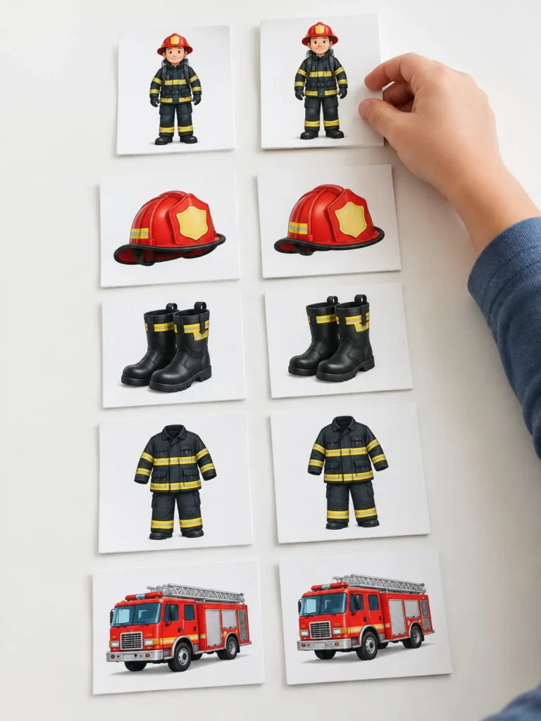 Preschool matching game with paired cards showing firefighters, helmets, boots, protective clothing, and fire trucks.