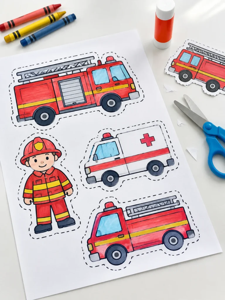 Fire safety cutting worksheet with dotted outlines of a fire truck and firefighter beside child-safe scissors and glue.