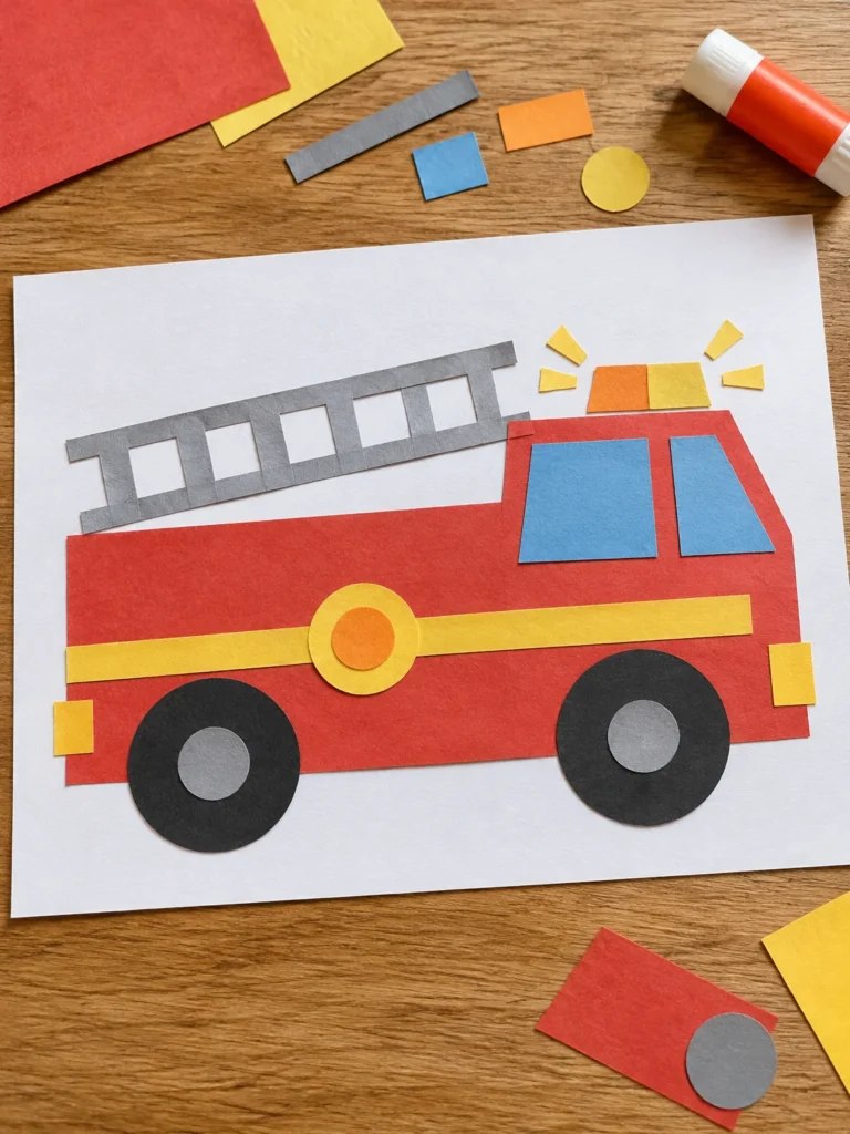 Preschool fire truck collage made from red, yellow, orange, gray, and black paper shapes.