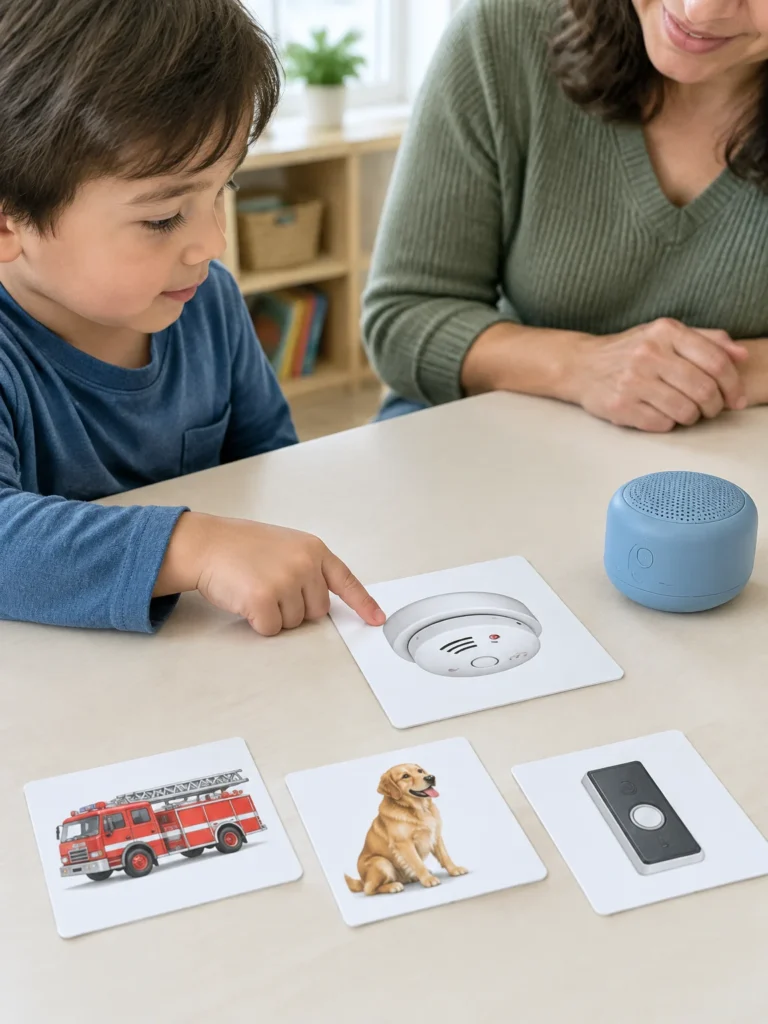Preschool smoke alarm recognition activity with an alarm picture card, matching cards, and a small speaker.
