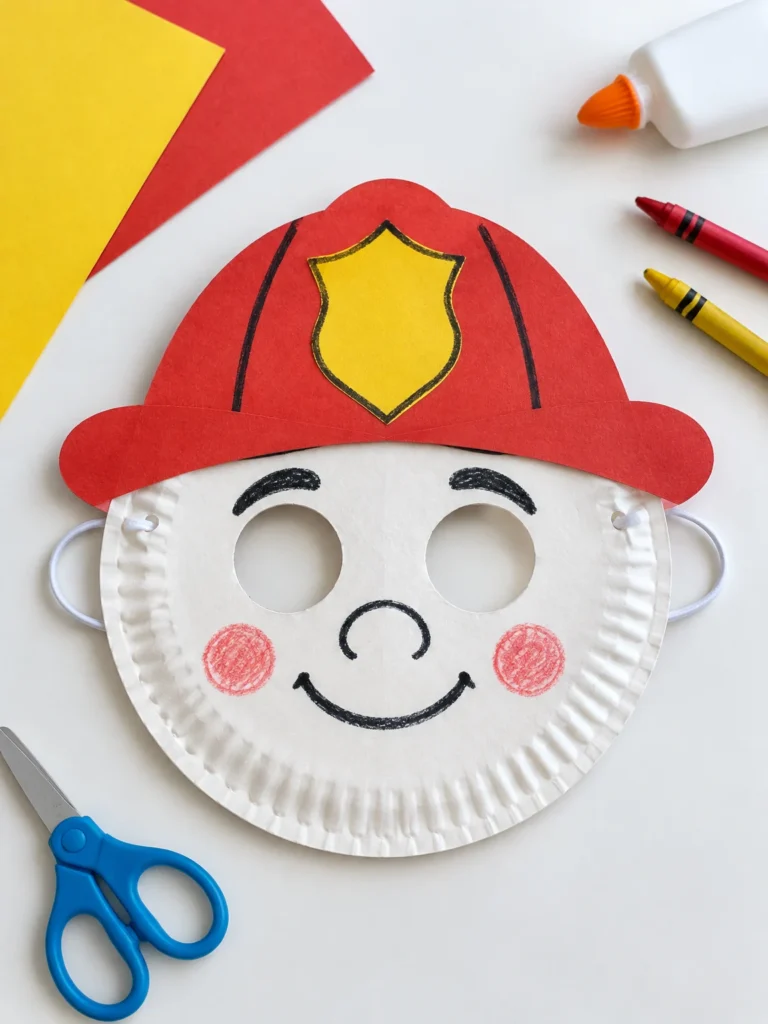 Paper plate firefighter mask craft decorated with a red helmet, yellow badge, and drawn facial features