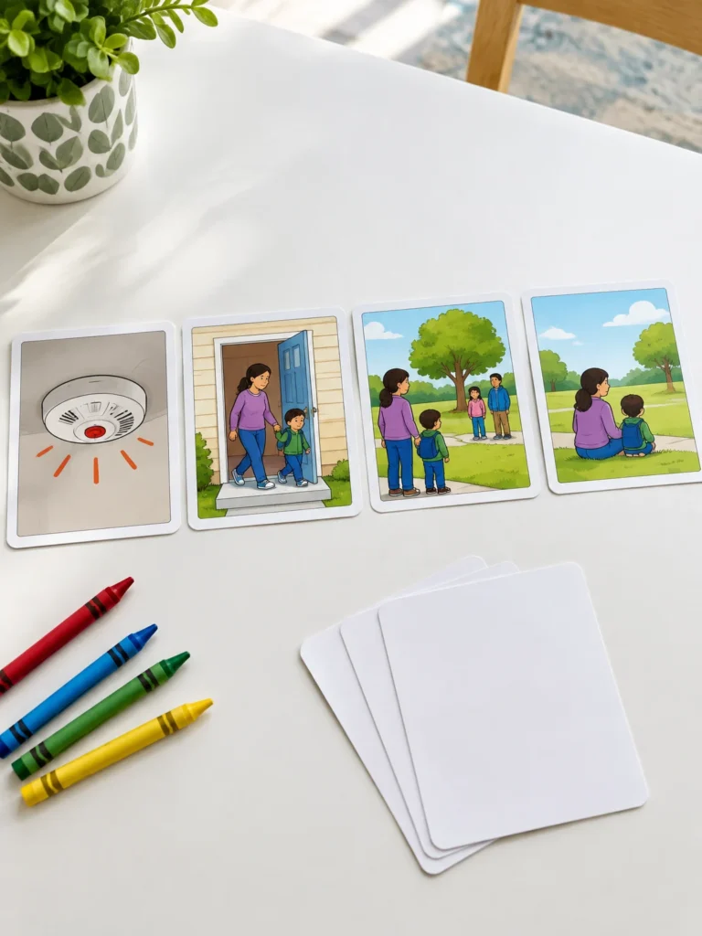 Four fire safety sequencing cards showing an alarm, leaving with an adult, reaching a meeting place, and staying outside.