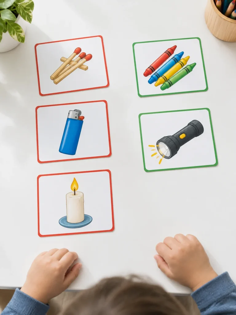 Preschool fire safety picture cards showing matches, a lighter, a candle, crayons, and a flashlight.