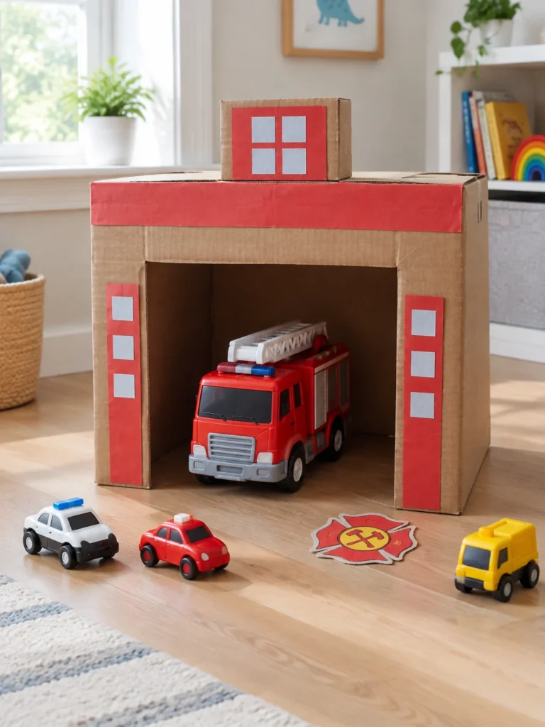 Preschool pretend-play fire station made from a cardboard box with a red toy fire truck.