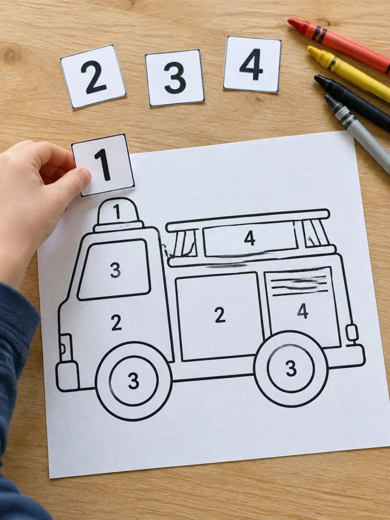 Preschool fire safety picture cards showing matches, a lighter, a candle, crayons, and a flashlight.