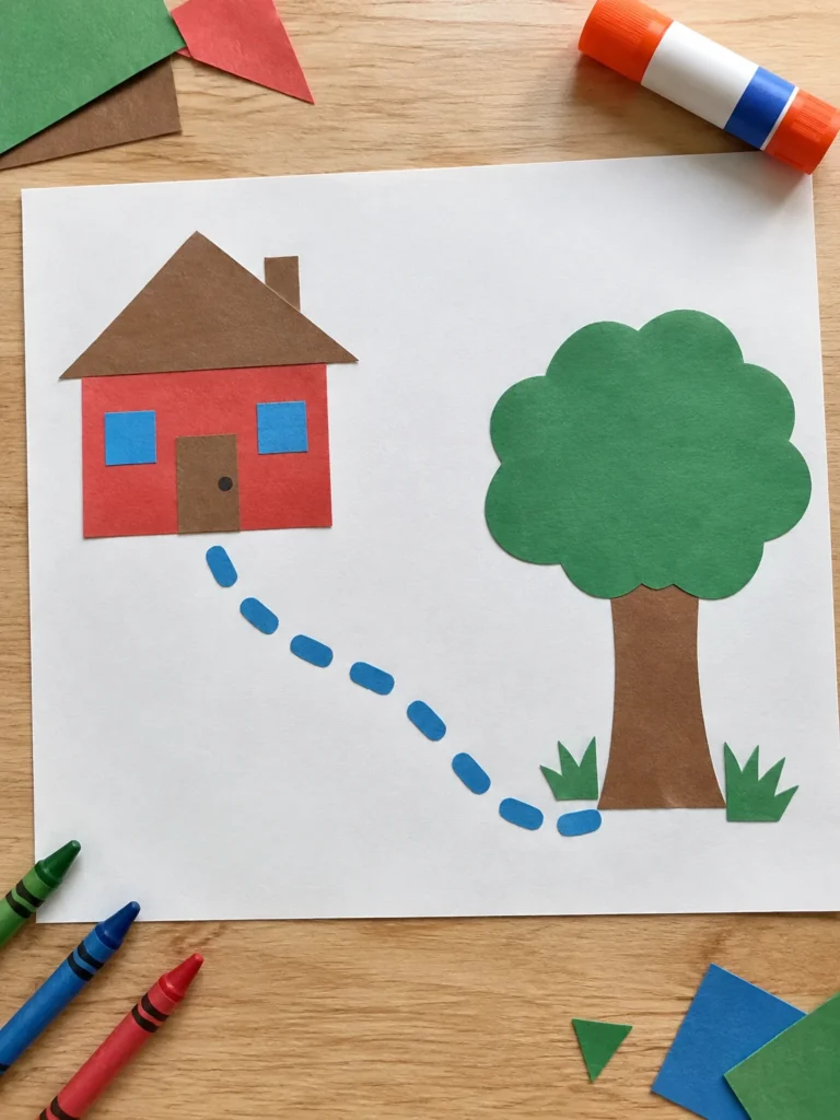 Preschool emergency meeting place collage showing a paper house, green tree, and drawn route to a safe outdoor location.