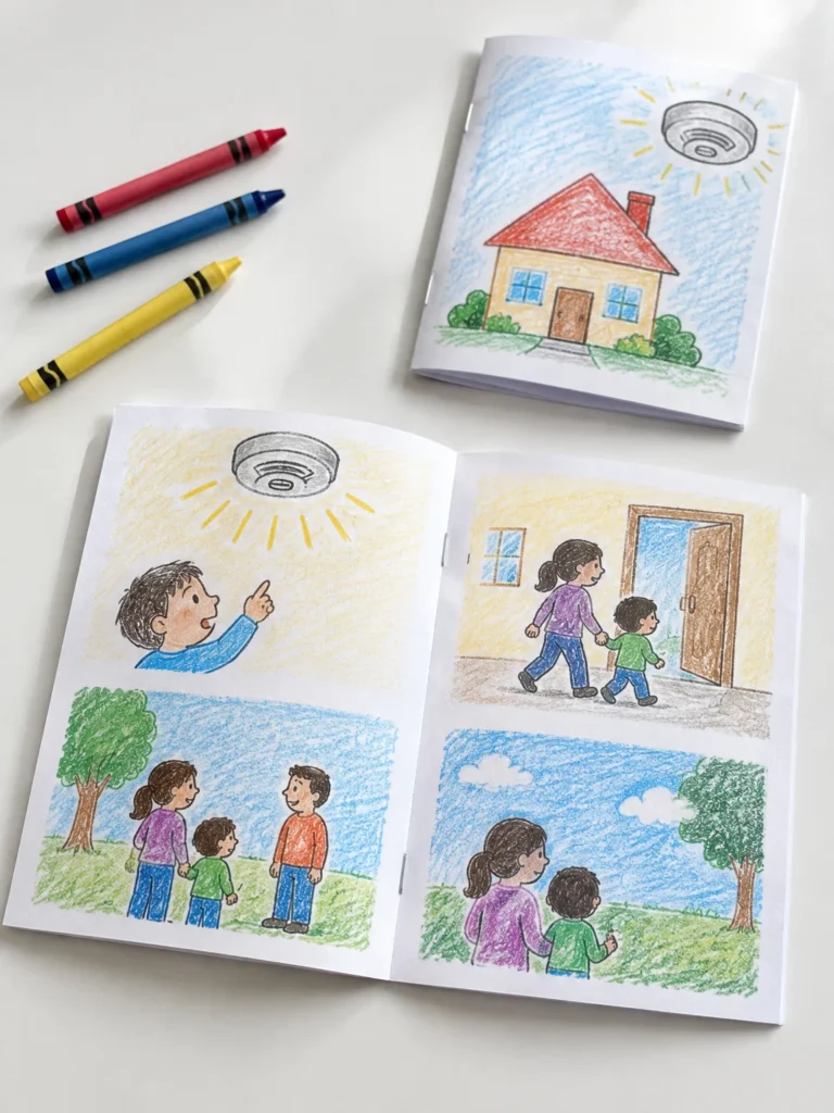 Handmade preschool fire safety mini-book with illustrated pages about smoke alarms, escaping, and meeting outside.